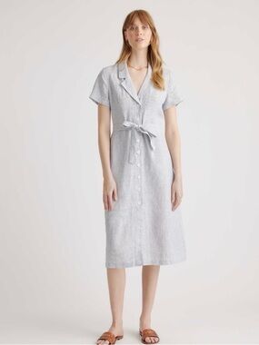 Quince Light Blue Striped Linen Midi Shirt Dress